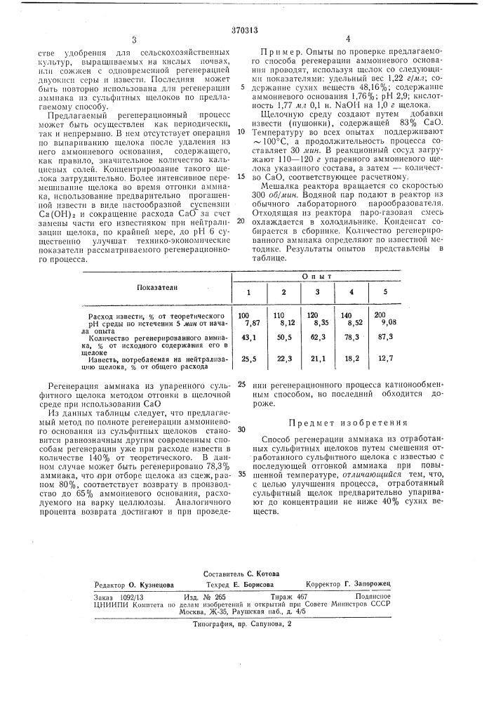 Способ регенерации аммиака из отработанных сульфитных щелоков (патент 370313)