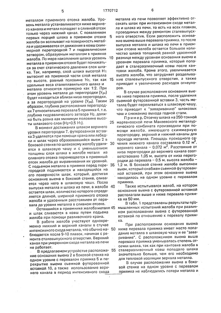 Желоб для выпуска металла и отделения печного шлака (патент 1770712)