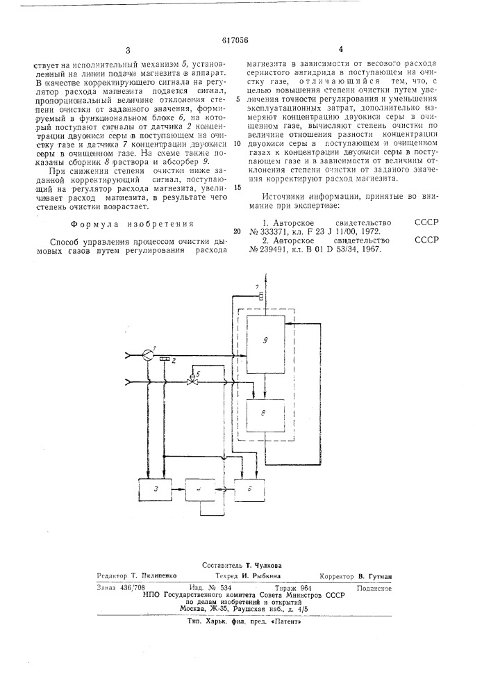 Способ управления процессом очистки дымовых газов (патент 617056)