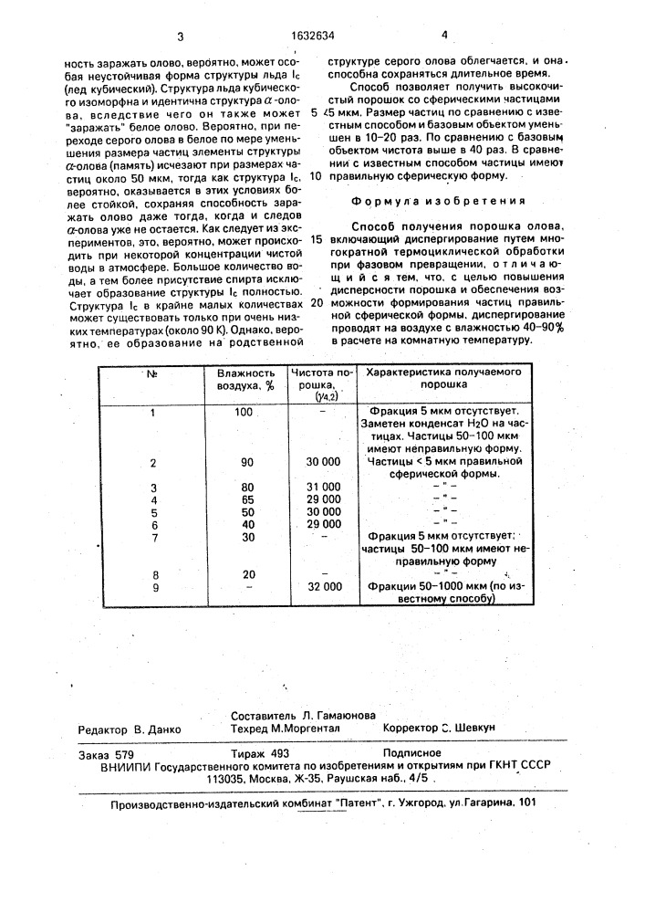 Способ получения порошка олова (патент 1632634)