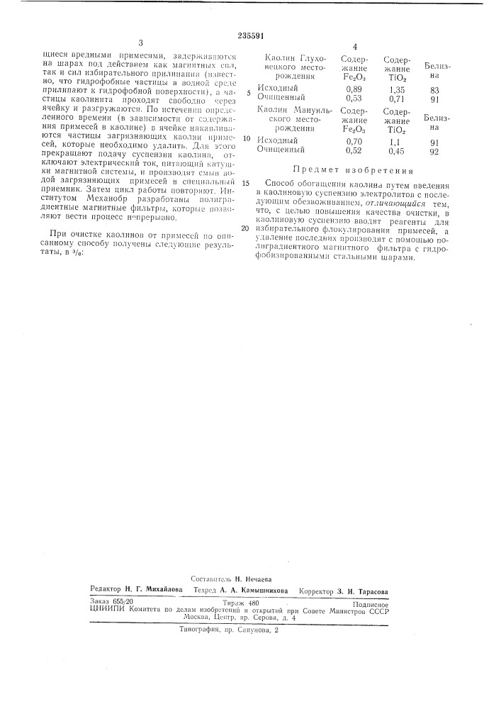 Способ обогащения каолина (патент 235591)