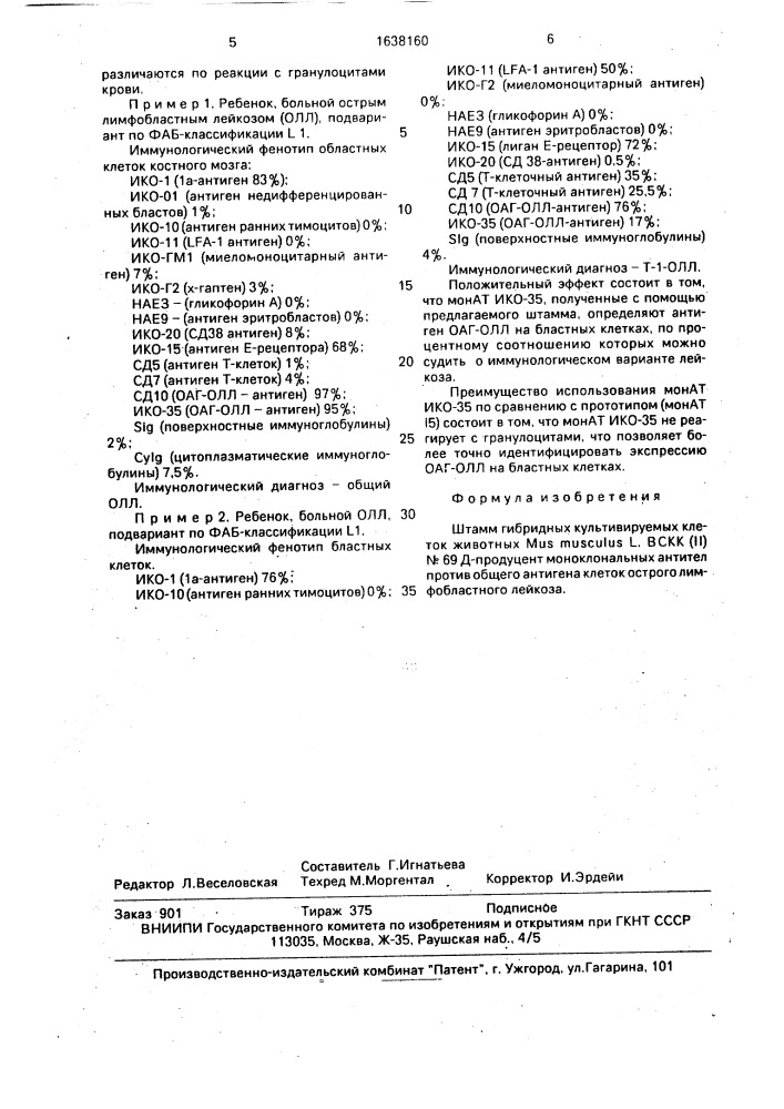 Штамм гибридных культивируемых клеток животных mus мusсulus l-продуцент моноклональных антител против общего антигена клеток острого лимфобластного лейкоза (патент 1638160)