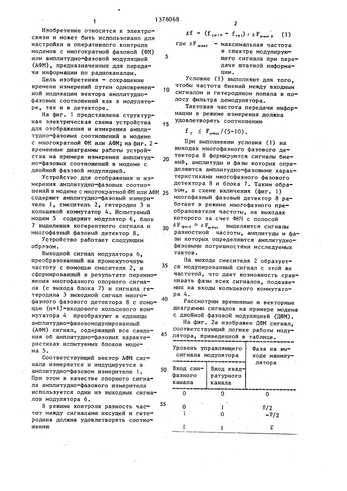 Устройство для отображения и измерения амплитудно-фазовых соотношений в модеме с многократной фазовой или амплитудно- фазовой модуляцией (патент 1378068)