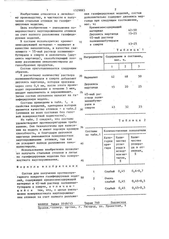 Состав для получения противопригарного покрытия газифицируемых моделей (патент 1329883)