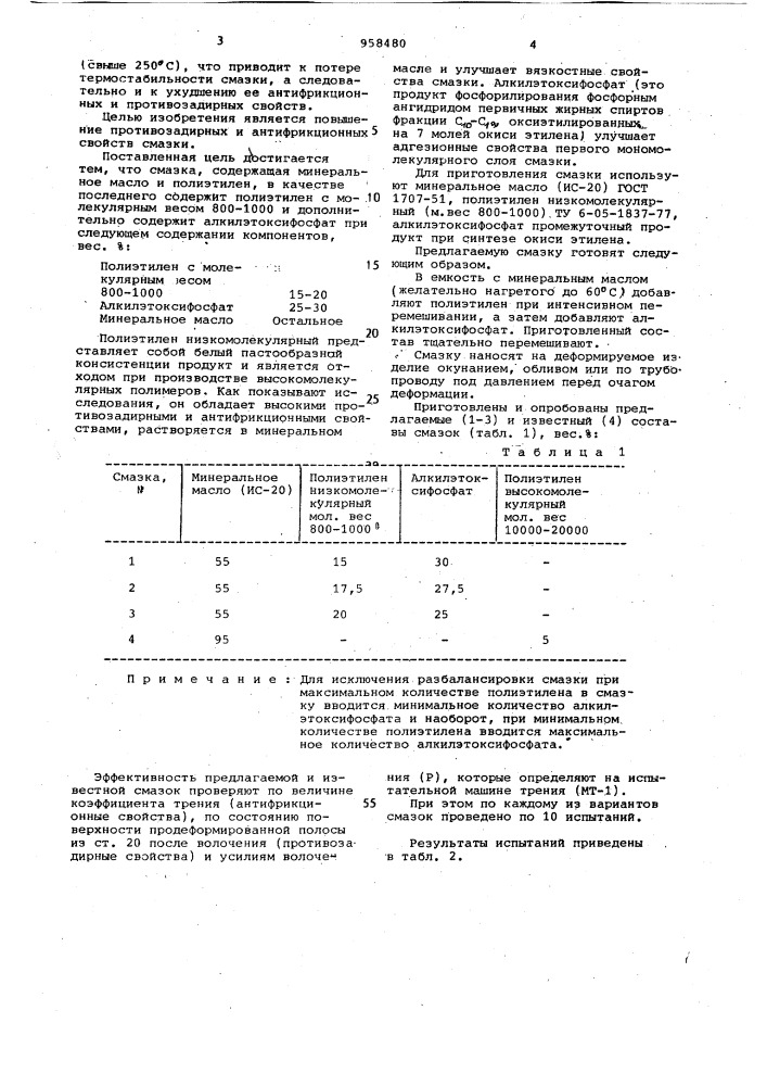 Смазка для холодной обработки металлов давлением (патент 958480)