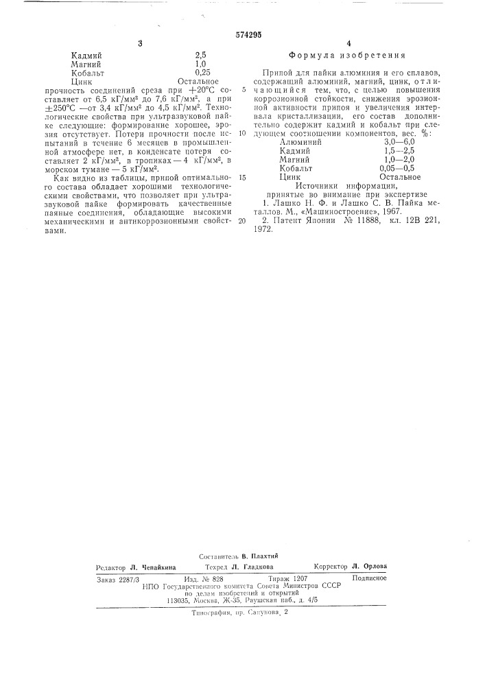 Припой для пайки алюминия и его сплавов (патент 574295)