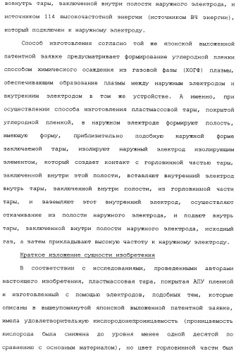 Пластмассовая тара, покрытая алмазоподобной углеродной пленкой, устройство для изготовления такой тары и способ изготовления такой тары (патент 2336365)