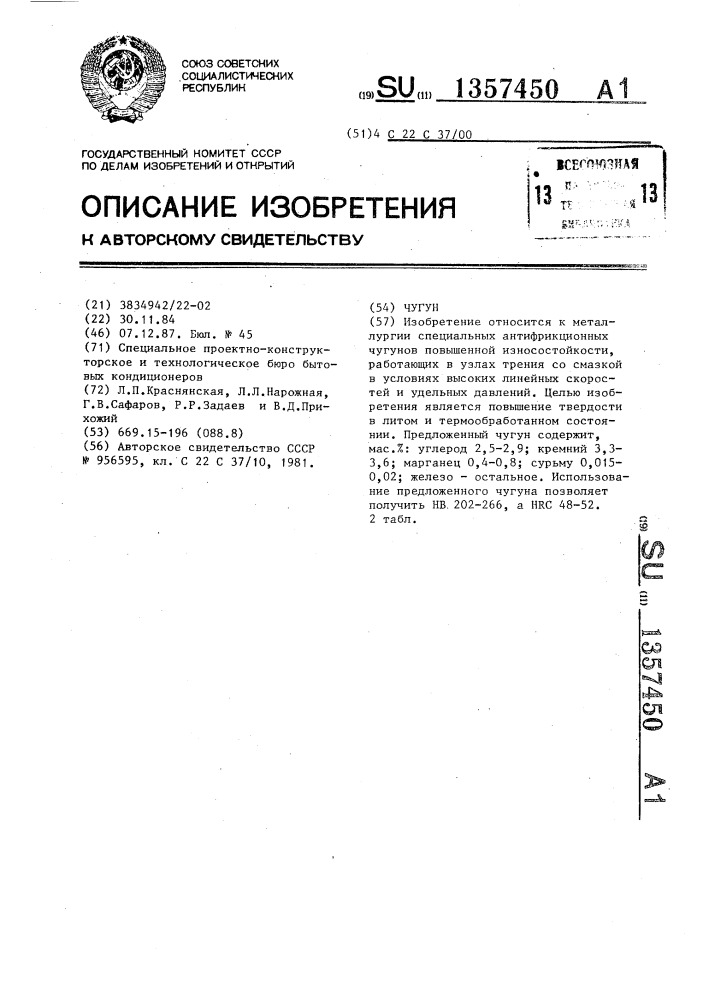 Чугун (патент 1357450)