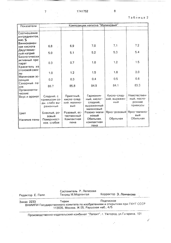 Порошкообразная смесь для безалкогольного напитка (патент 1741752)