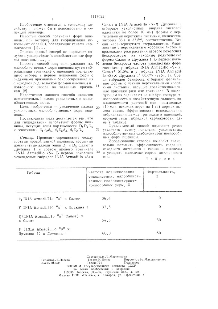 Способ получения узколистных,малооблиственных форм пшеницы (патент 1117022)