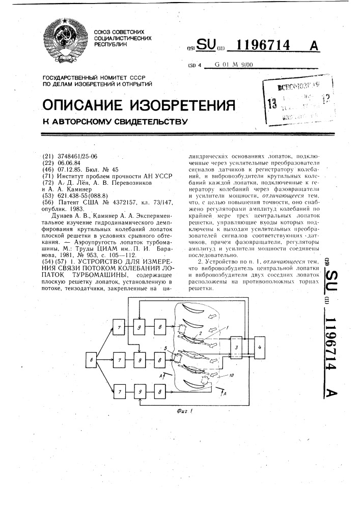 Устройство для измерения связи потоком колебаний лопаток турбомашины (патент 1196714)