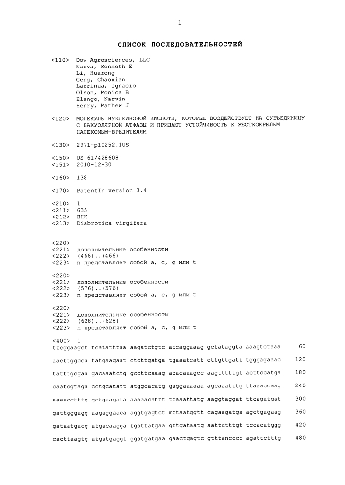 Молекулы нуклеиновой кислоты, которые воздействуют на субъединицу с вакуолярной атфазы и придают устойчивость к жесткокрылым насекомым-вредителям (патент 2644669)