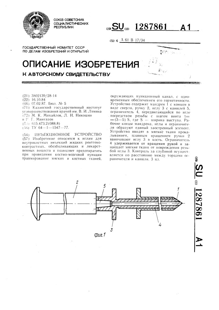 Инъекционное устройство (патент 1287861)