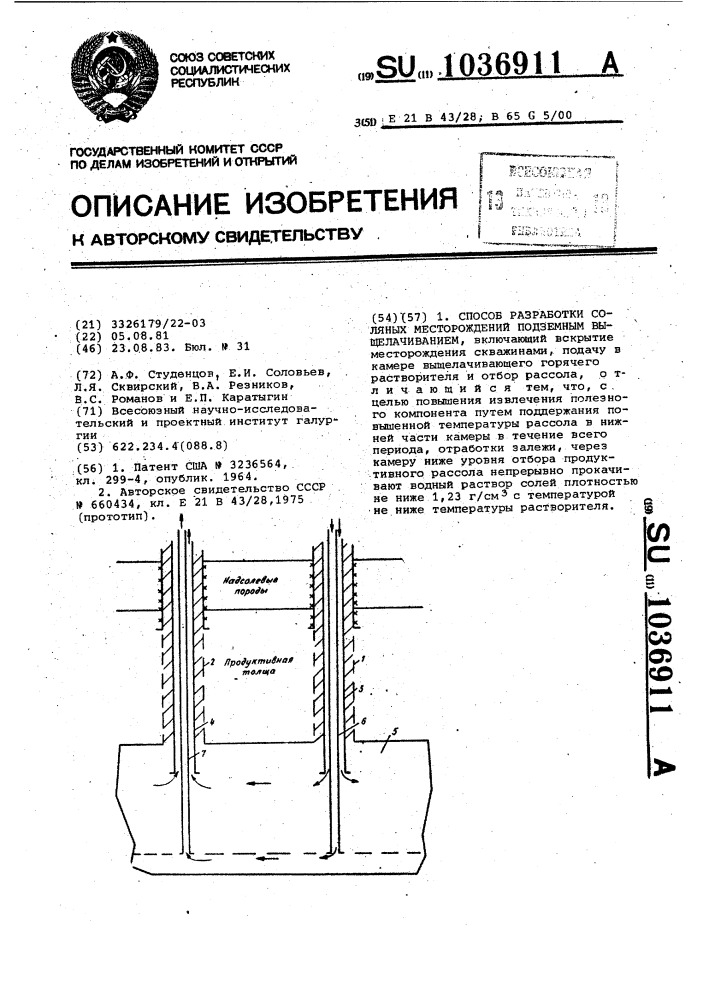 Способ разработки соляных месторождений подземным выщелачиванием (патент 1036911)