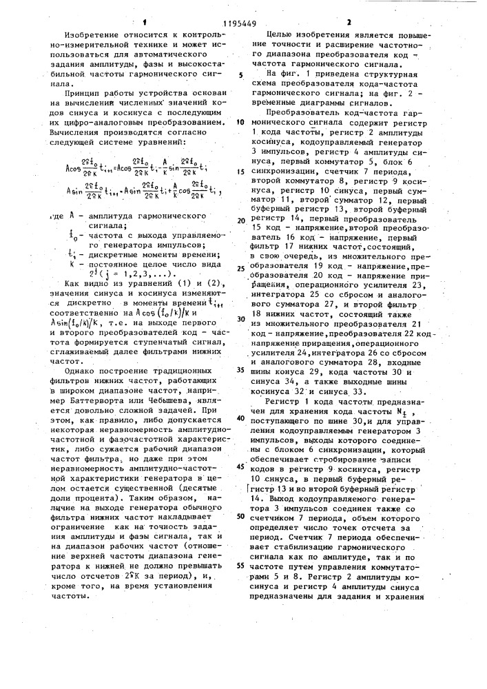 Преобразователь код-частота гармонического сигнала (патент 1195449)