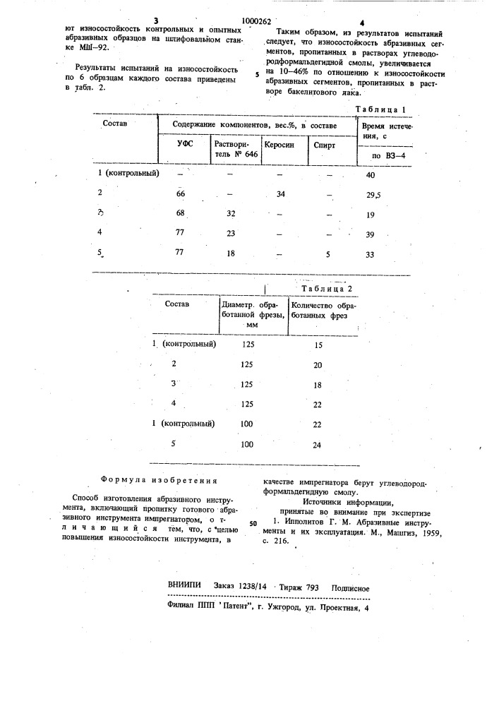 Способ изготовления абразивного инструмента (патент 1000262)