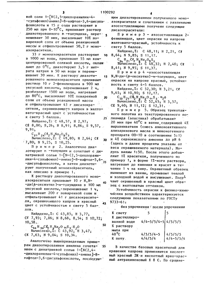 Кислотные дисазокрасители на основе динатриевой соли 1-/ @ - (2,5-дихлоранилин-4-сульфонил)-амино/-8-нафтол-3,6- дисульфокислоты для полиамидных волокон (патент 1100292)