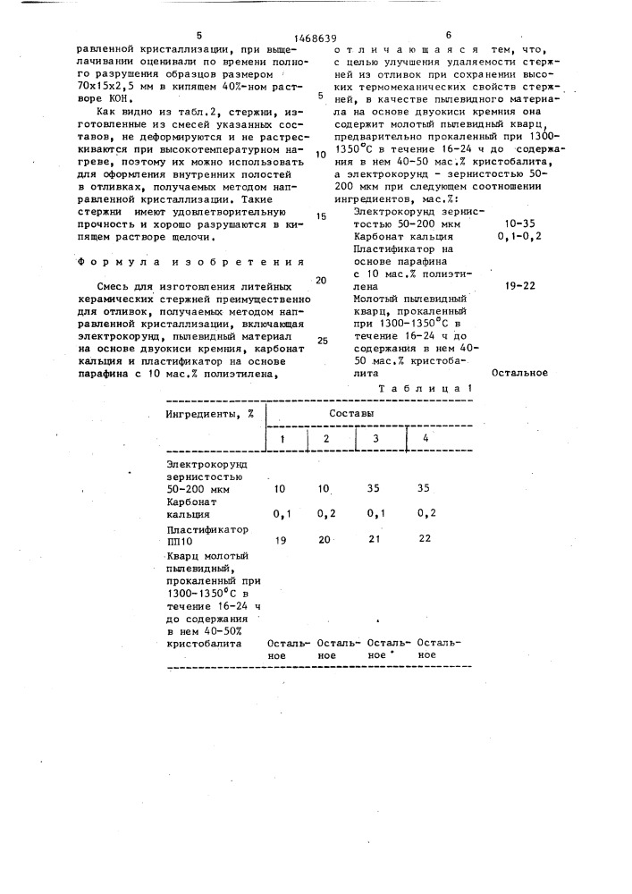 Смесь для изготовления литейных керамических стержней (патент 1468639)