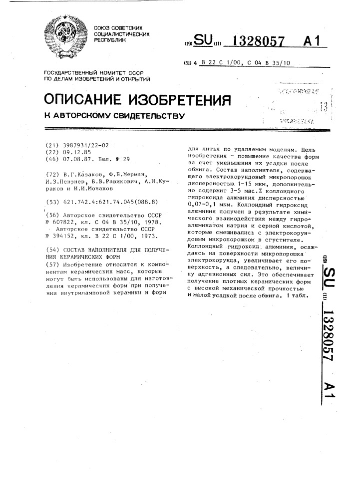 Состав наполнителя для получения керамических форм (патент 1328057)