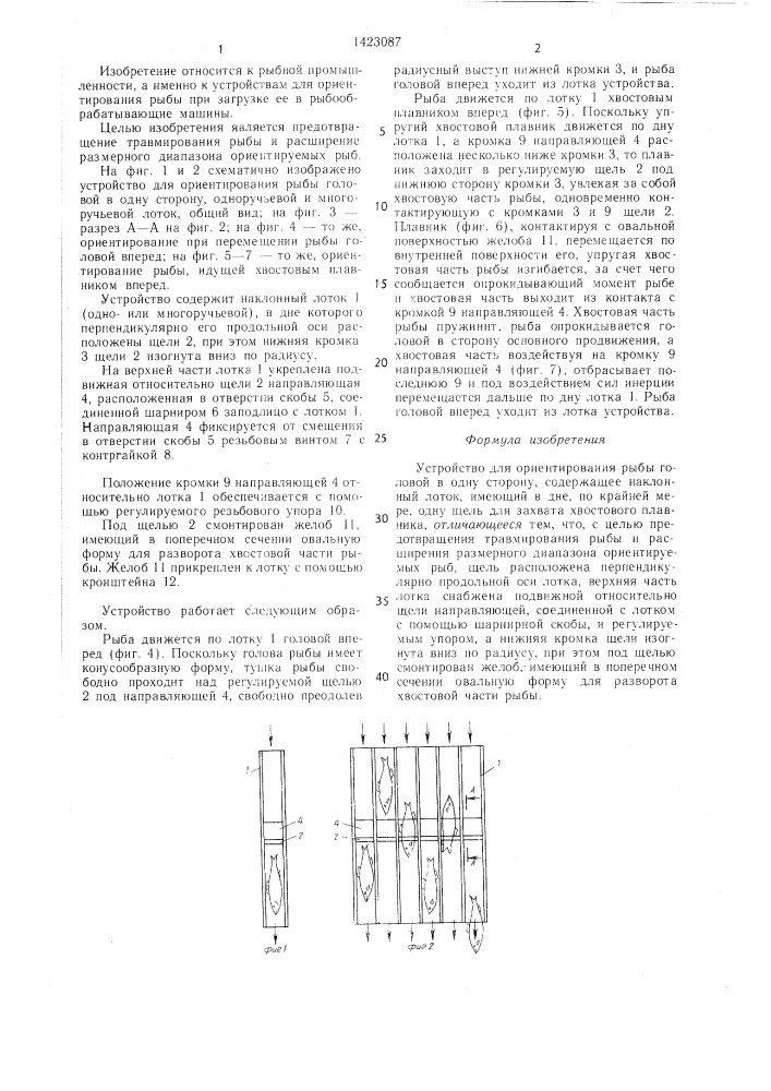 Устройство для ориентирования рыбы головой в одну сторону (патент 1423087)