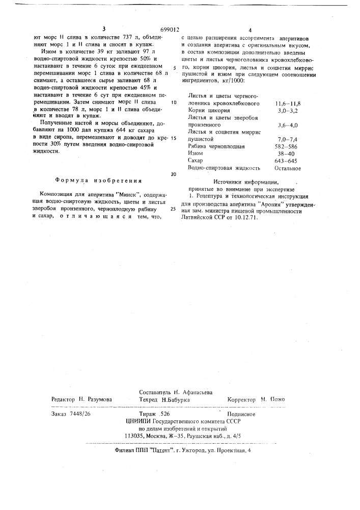 Композиция для аперитива "минск" (патент 699012)