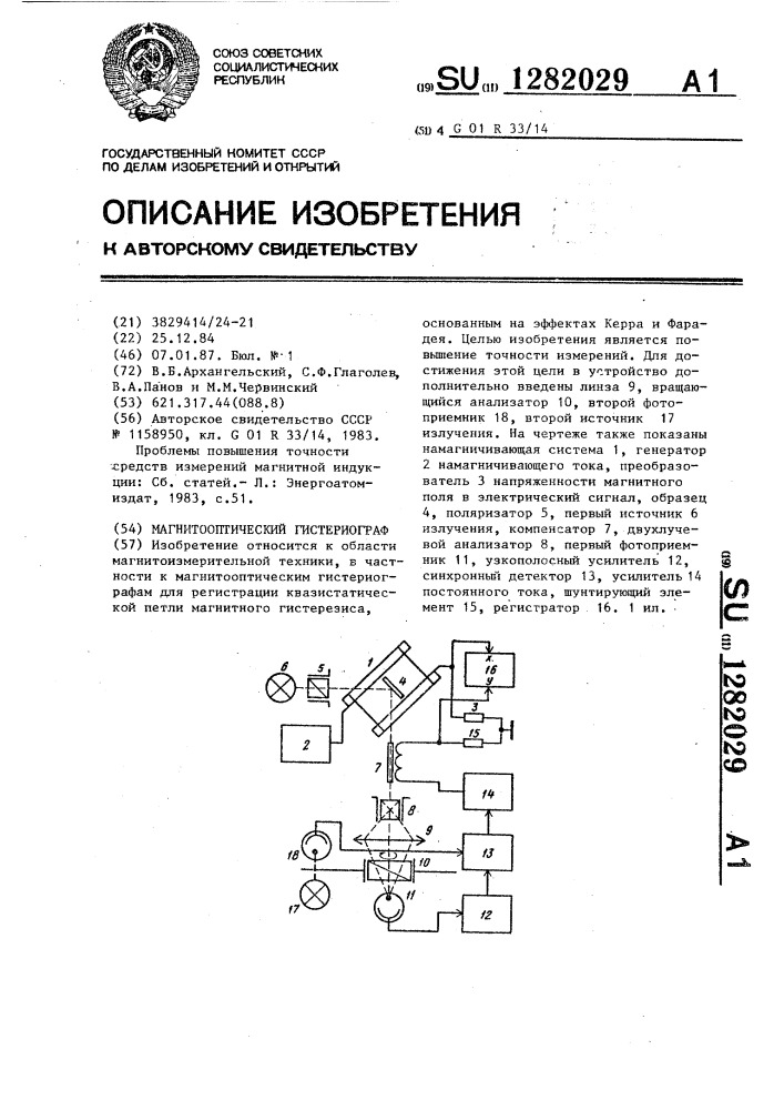 Магнитооптический гистериограф (патент 1282029)