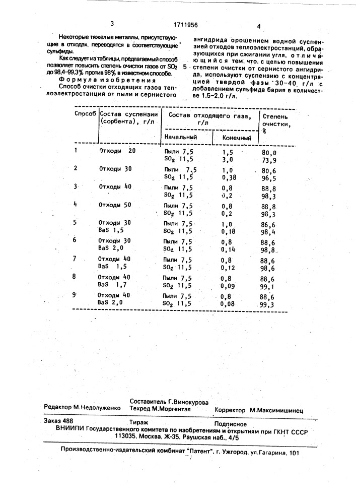 Способ очистки отходящих газов теплоэлектростанций (патент 1711956)