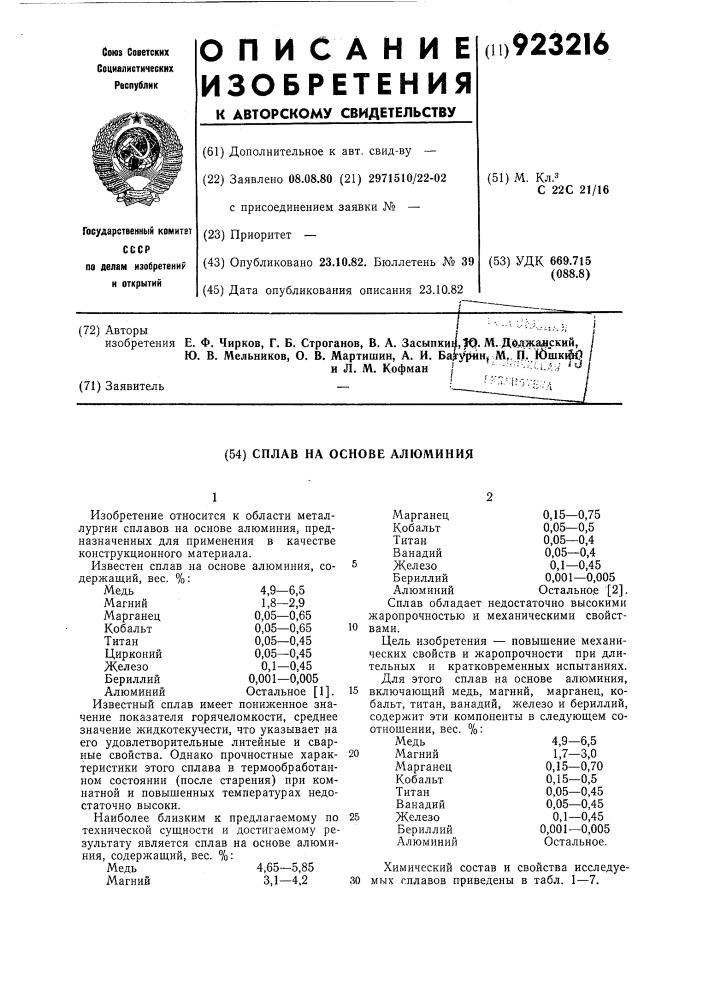 Сплав на основе алюминия (патент 923216)