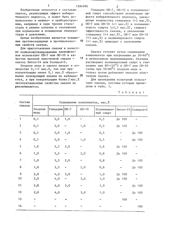 Смазка "гретерол-1 (патент 1284990)