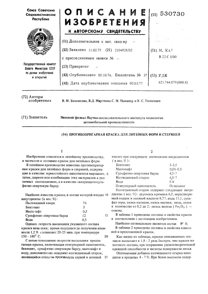 Противопригарная краска для литейных форм и стержней (патент 530730)