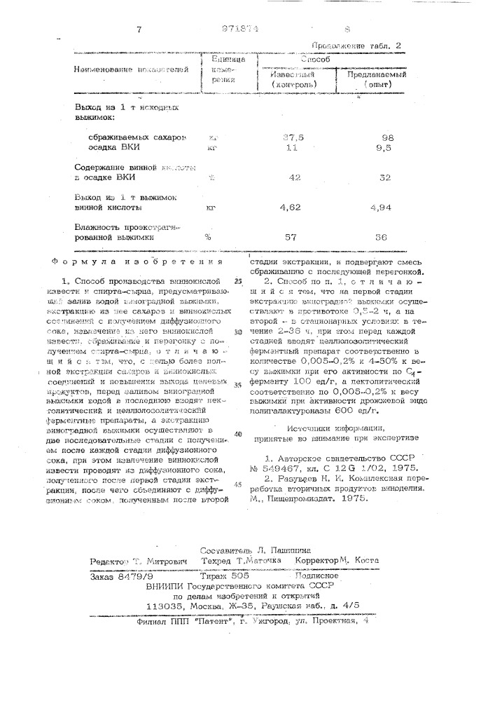 Способ производства виннокислой извести и спирта-сырца (патент 971874)