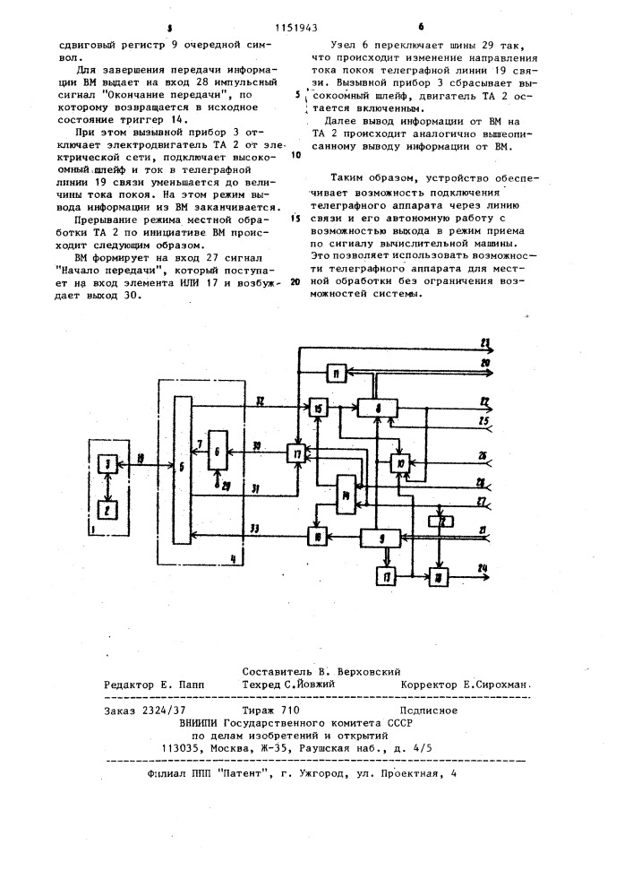Устройство для сопряжения эвм с телеграфной линией связи (патент 1151943)