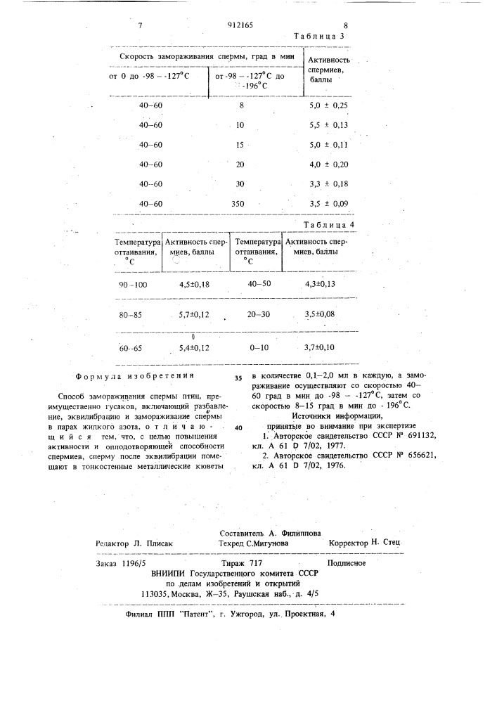 Способ замораживания спермы птиц (патент 912165)
