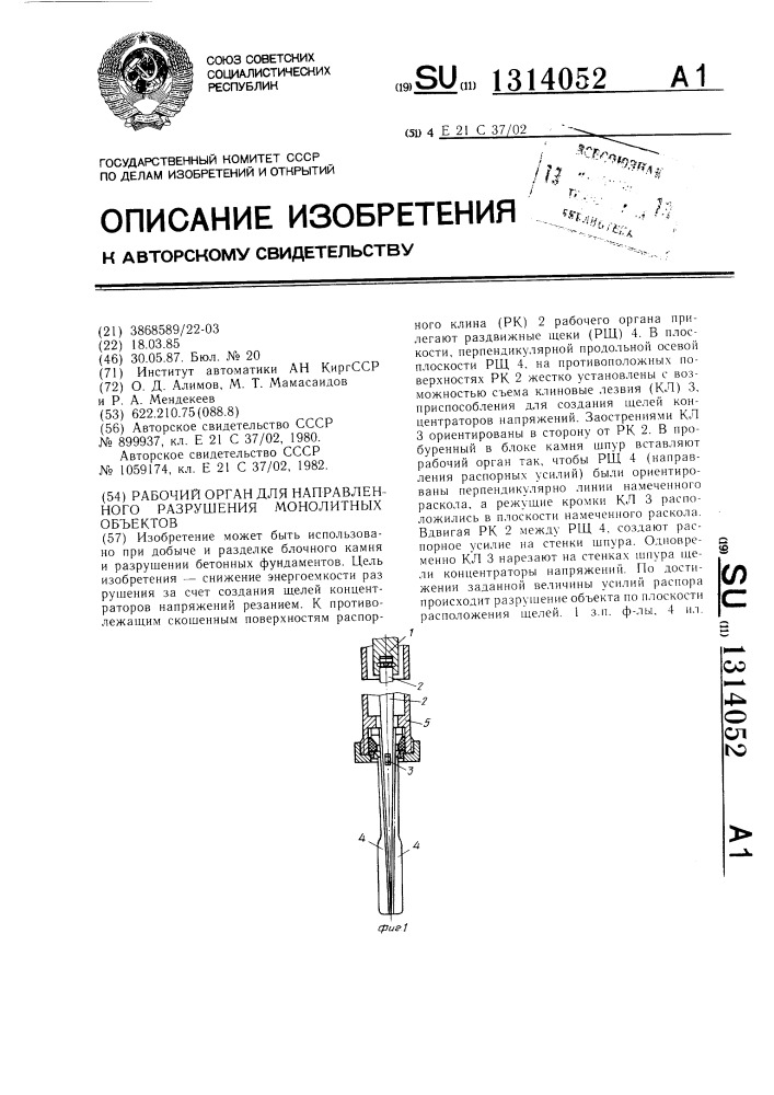 Рабочий орган для направленного разрушения монолитных объектов (патент 1314052)
