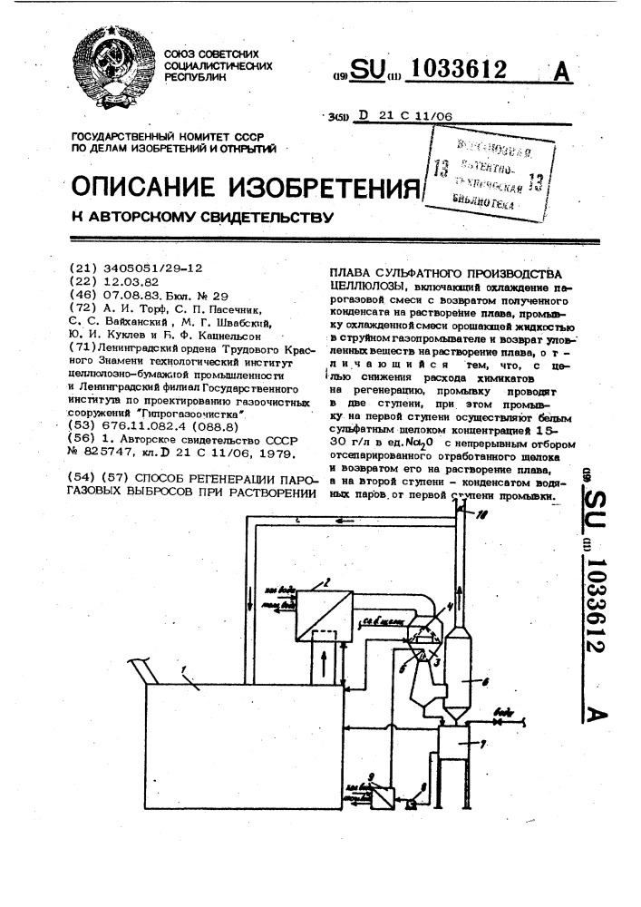 Способ регенерации парогазовых выбросов при растворении плава сульфатного производства целлюлозы (патент 1033612)