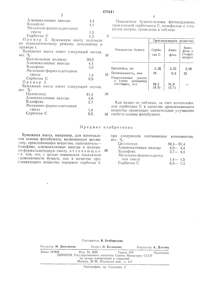 Бумажная масса (патент 475441)