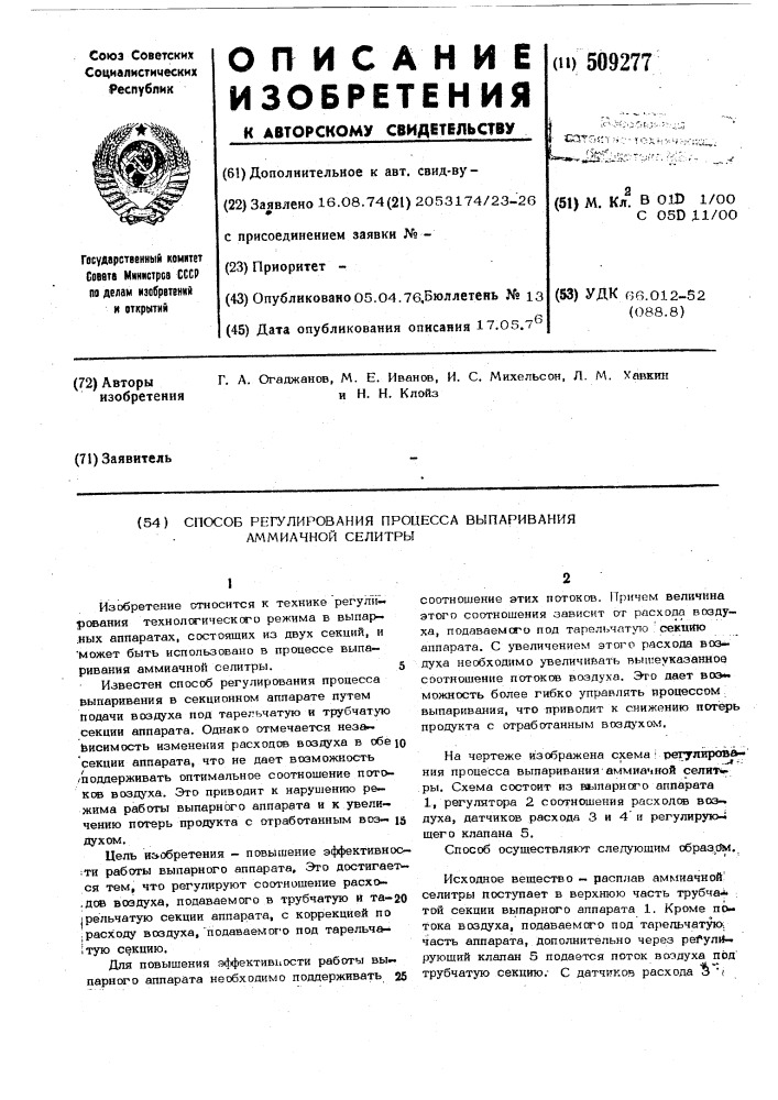 Способ регулирования процессавыпаривания амиачной селитры (патент 509277)