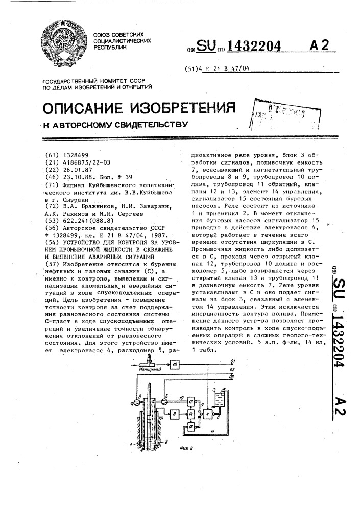 Устройство для контроля за уровнем промывочной жидкости в скважине и выявления аварийных ситуаций (патент 1432204)