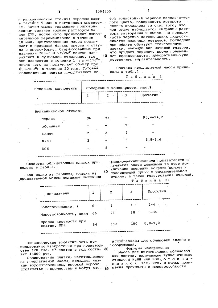 Масса для изготовления облицовочных плиток (патент 1004305)