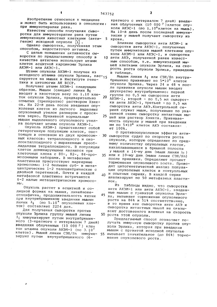 Способ получения сыворотки против опухоли эрлиха (патент 563752)