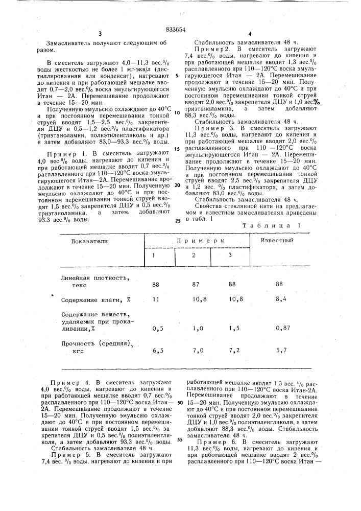 Замасливатель для стеклянного волокна (патент 833654)