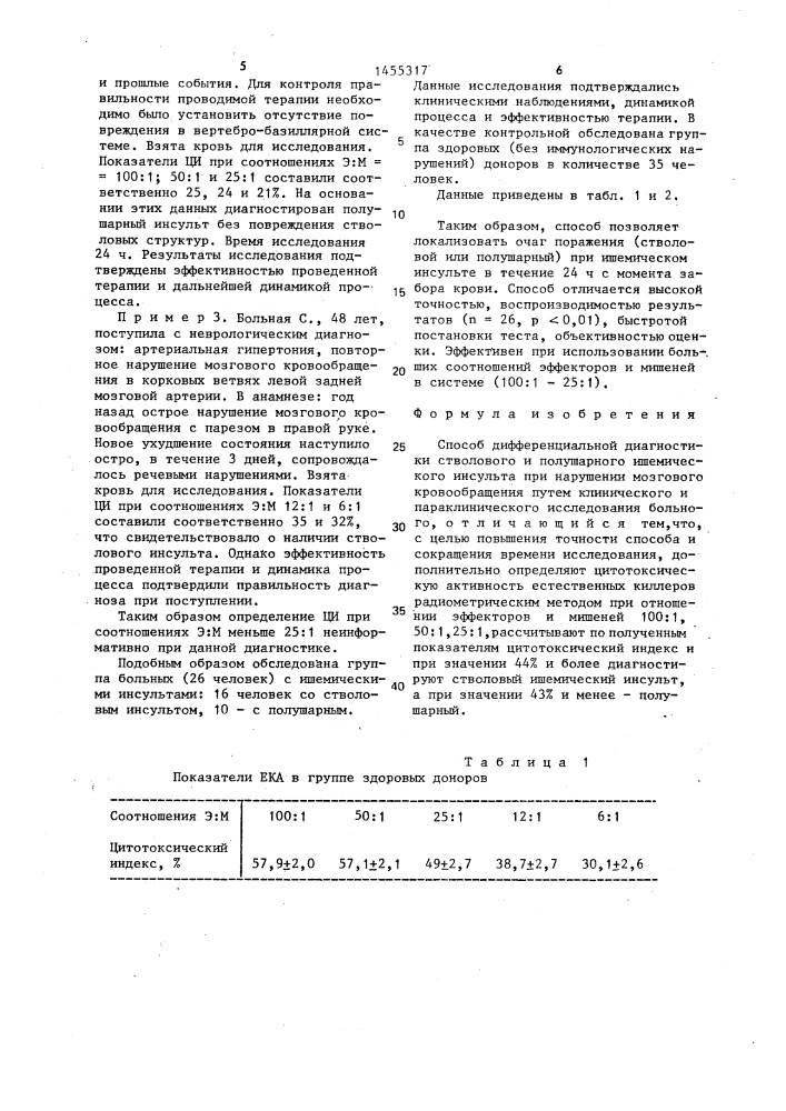 Способ дифференциальной диагностики стволового и полушарного ишемического инсульта при нарушении мозгового кровообращения (патент 1455317)