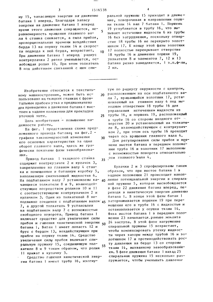 Привод батана ткацкого станка (патент 1516538)