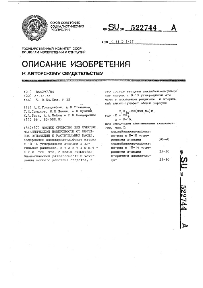 Моющее средство для очистки металлической поверхности от нефтяных отложений и растительных масел (патент 522744)