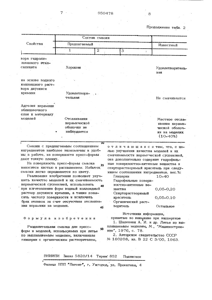 Разделительная смазка для пресс-форм и моделей (патент 950478)