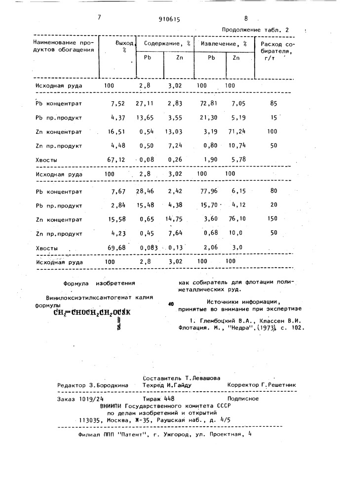 Винилоксиэтилксантогенат калия как собиратель для флотации полиметаллических руд (патент 910615)