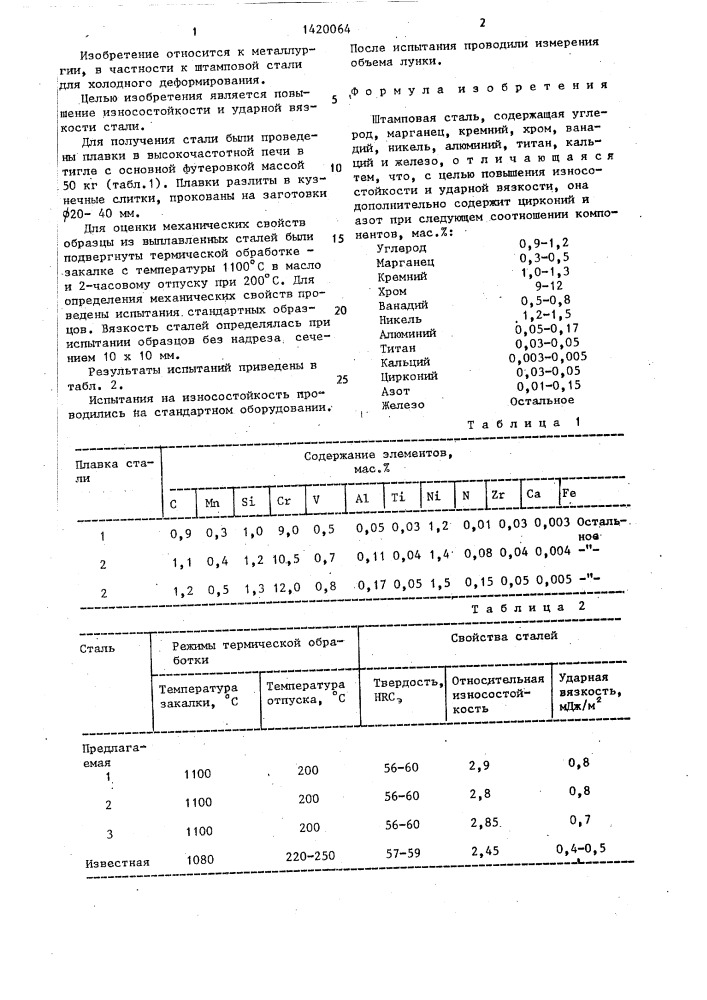 Штамповая сталь (патент 1420064)