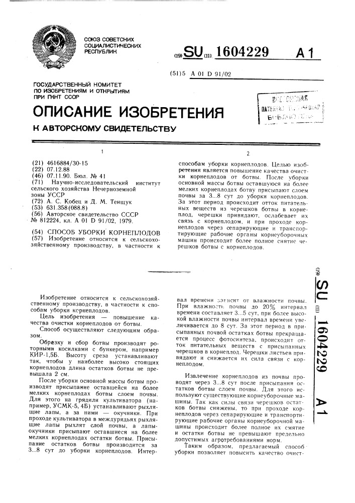 Способ уборки корнеплодов (патент 1604229)