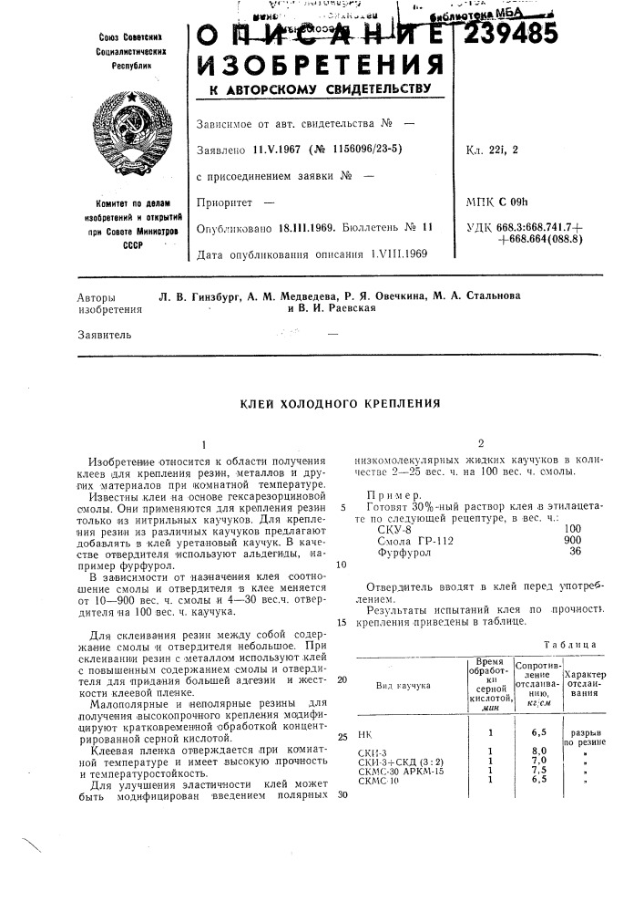 Клей холодного крепления (патент 239485)