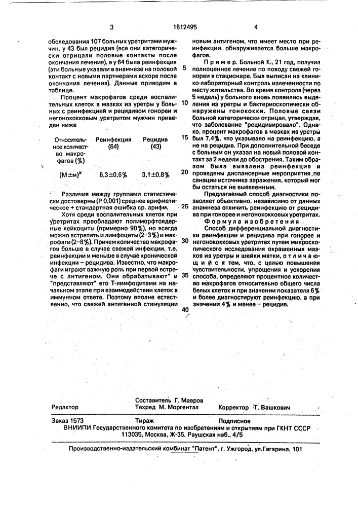 Способ дифференциальной диагностики реинфекции и рецидива при гонорее и негонококковых уретритах (патент 1812495)